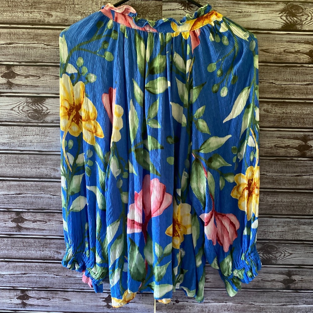 Rachel Rachel Roy Women's Long-Sleeved Top Size XL Blue Floral Gauze Tie